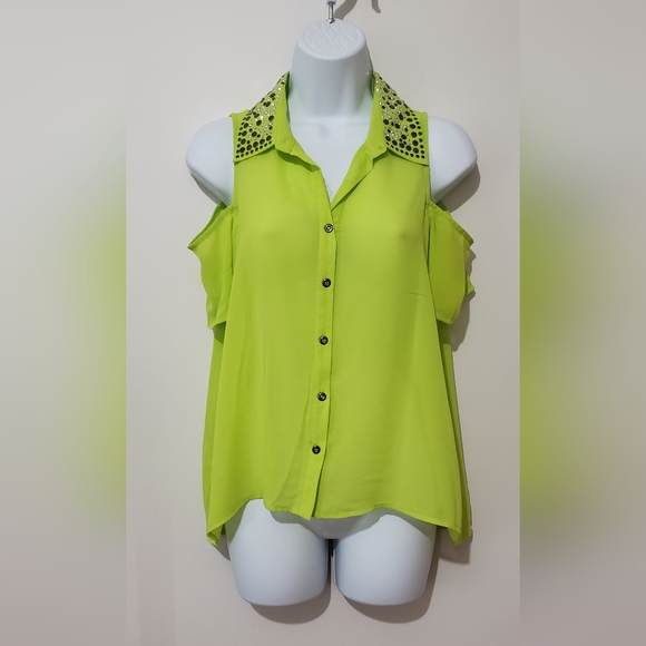 Bongo Ladies Blouse Cold Shoulder Size Large Green Studded Semi-Sheer - Picture 2 of 7